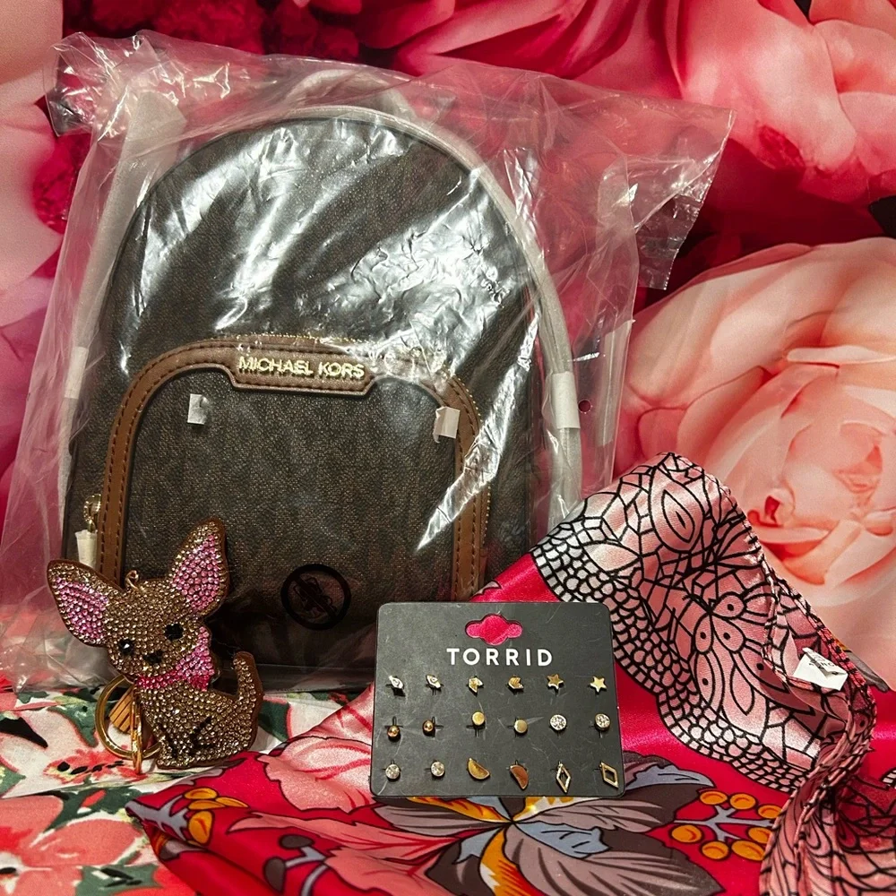 Michael Kors Brown and White Monogram Mini Backpack with Tan Trim - Picture 2 of 7